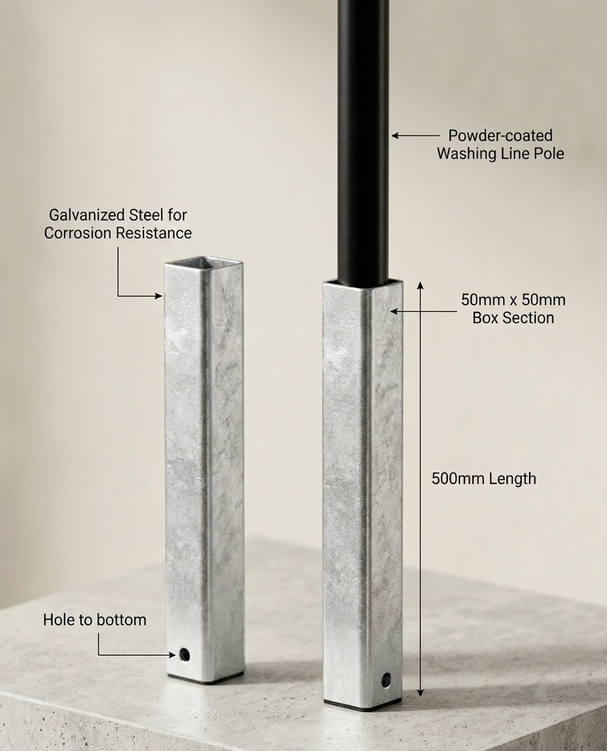 Galvanised steel ground socket for setting a washing line pole in concrete