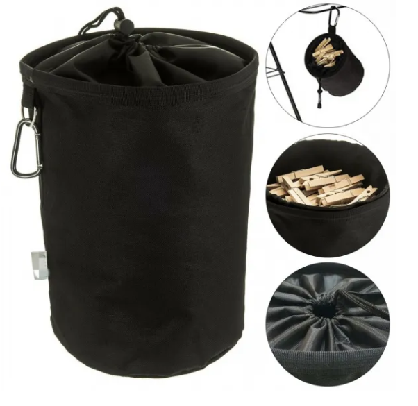 Black peg bag hanging on a washing line