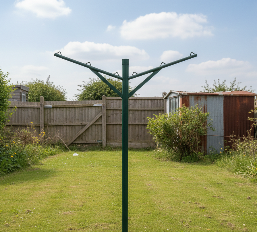 Y-shaped galvanised multi-line washing pole powder-coated in green