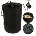 Black fabric peg bag with a hanging hook, open at the top for easy access to pegs