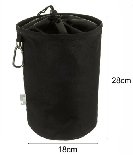 Peg bag hanging from a washing line and filled with clothes pegs