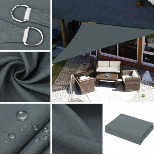 Three metre triangular fabric shade sail shading a garden patio area